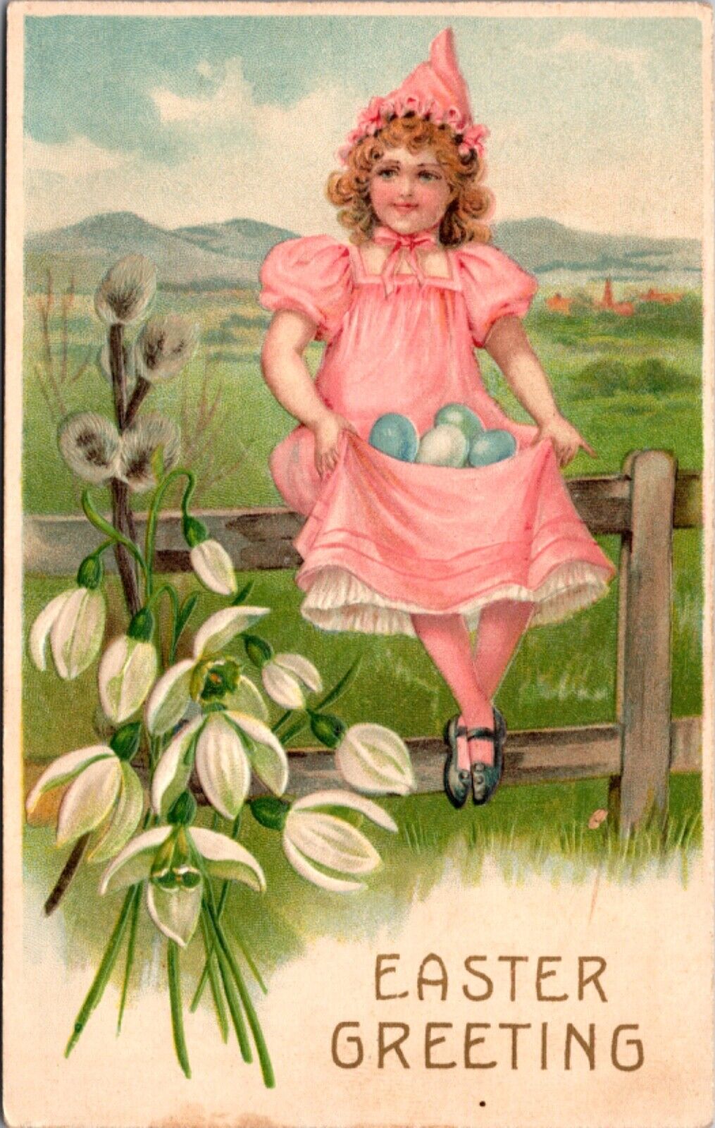 Easter Greeting PC Little Girl Sitting on Fence Holding Blue Eggs in Pink Dress