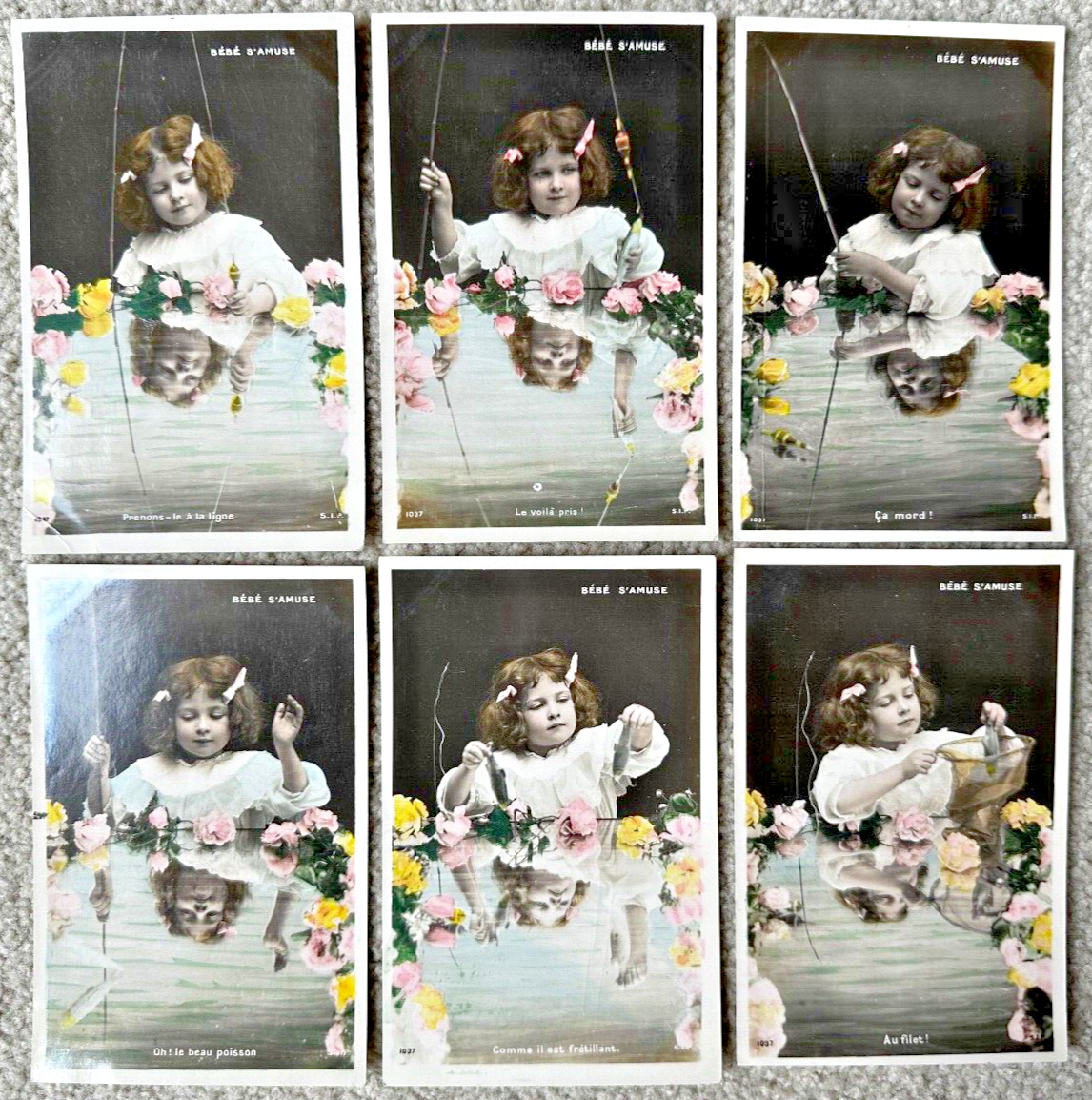 6 Hand Colored Real Photo Postcards Little Girl and Her Reflection with Flowers