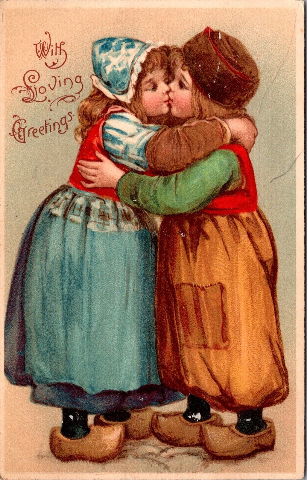 Valentine's Day Postcard Dutch Girl and Boy Hugging and Kissing in Embrace