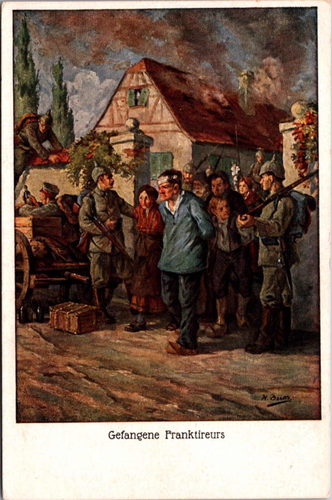 Artist Postcard Soldiers Arresting Gathering People Gefangene Franktireurs