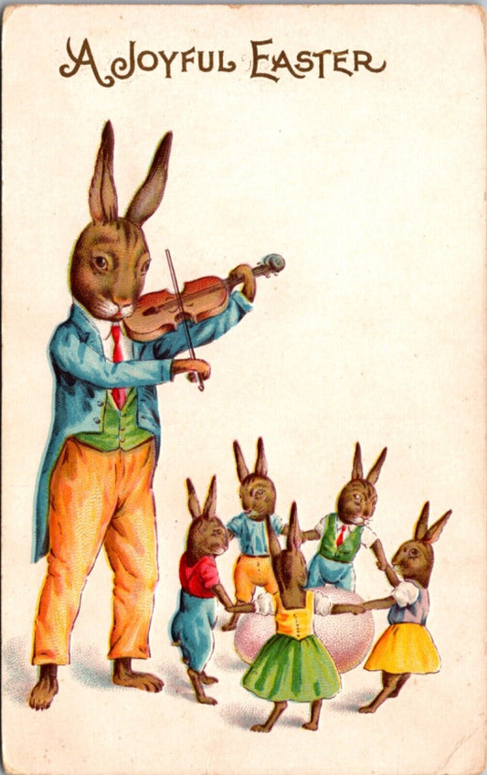 Easter Postcard Dressed Father Rabbit Playing Violin to Baby Bunny Dancing