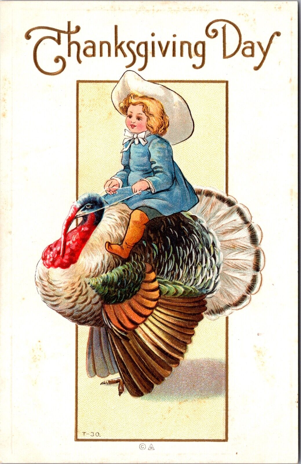 Thanksgiving Day Postcard Child Riding a Giant Turkey