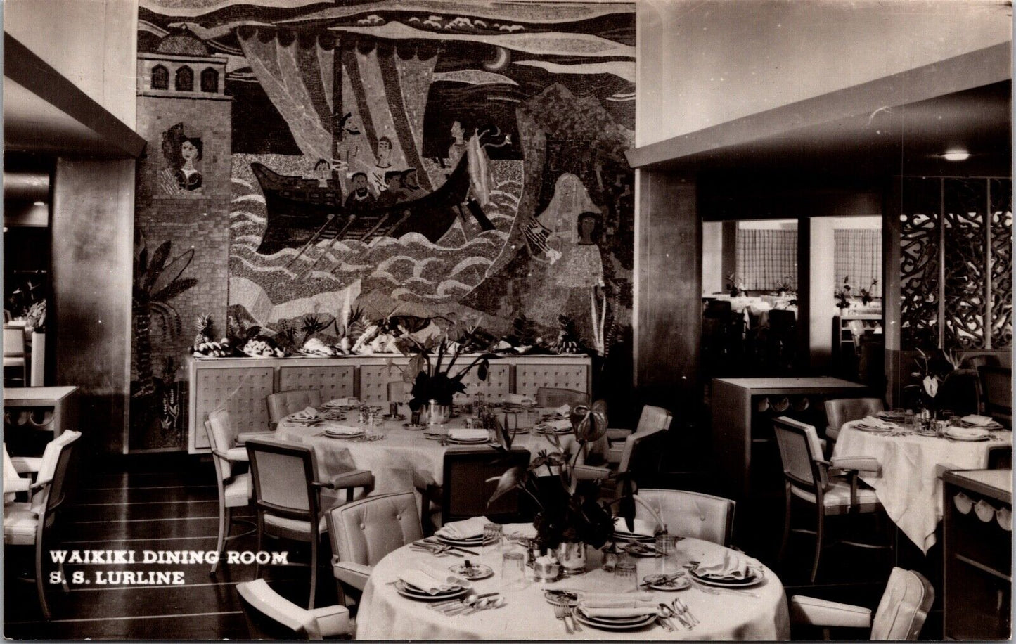 Real Photo Postcard Waikiki Dining Room on S.S. Lurline