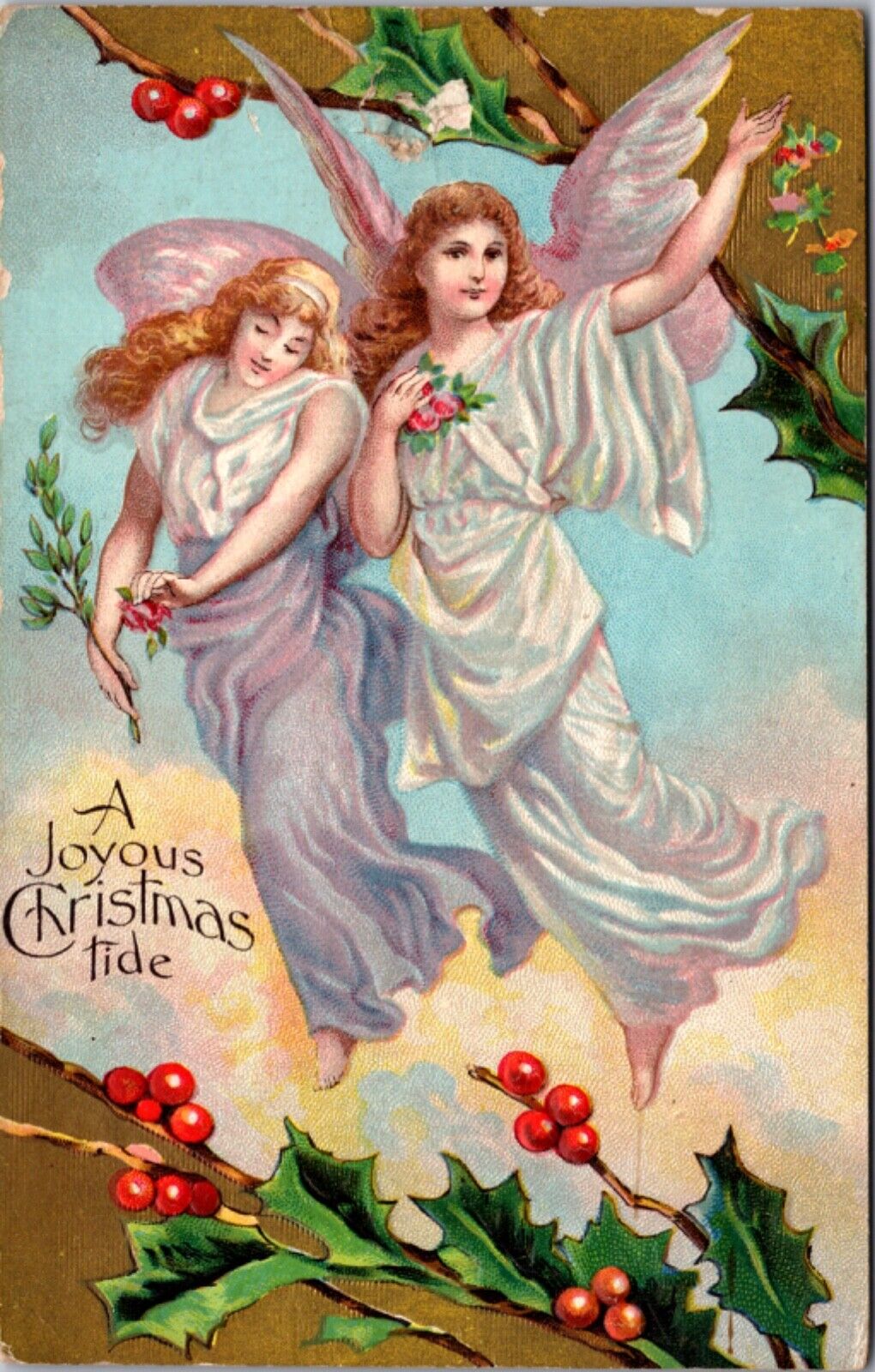 A Joyous Christmas Tide Postcard Two Angel Women Flying with Flowers