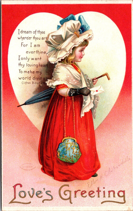 Valentine Clapsaddle Postcard Clifton Bingham Poem Girl Umbrella Purse Hat