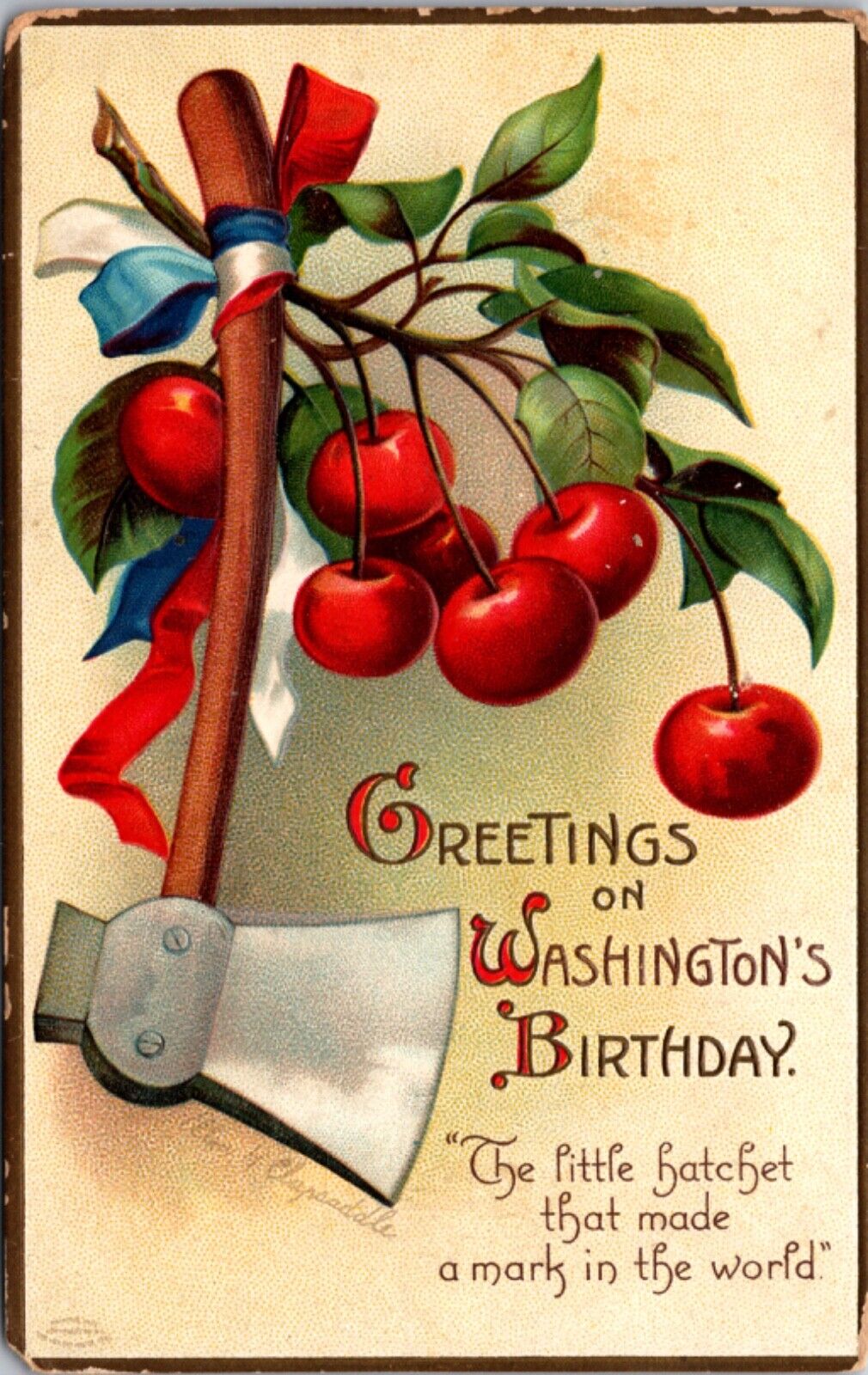 Clapsaddle Postcard President Washington Birthday Axe an Cherry Tree Branch