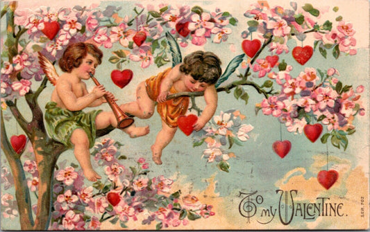 Valentine's Day Cherub Cupids Playing Music Cherry Blossom Tree Growing Hearts