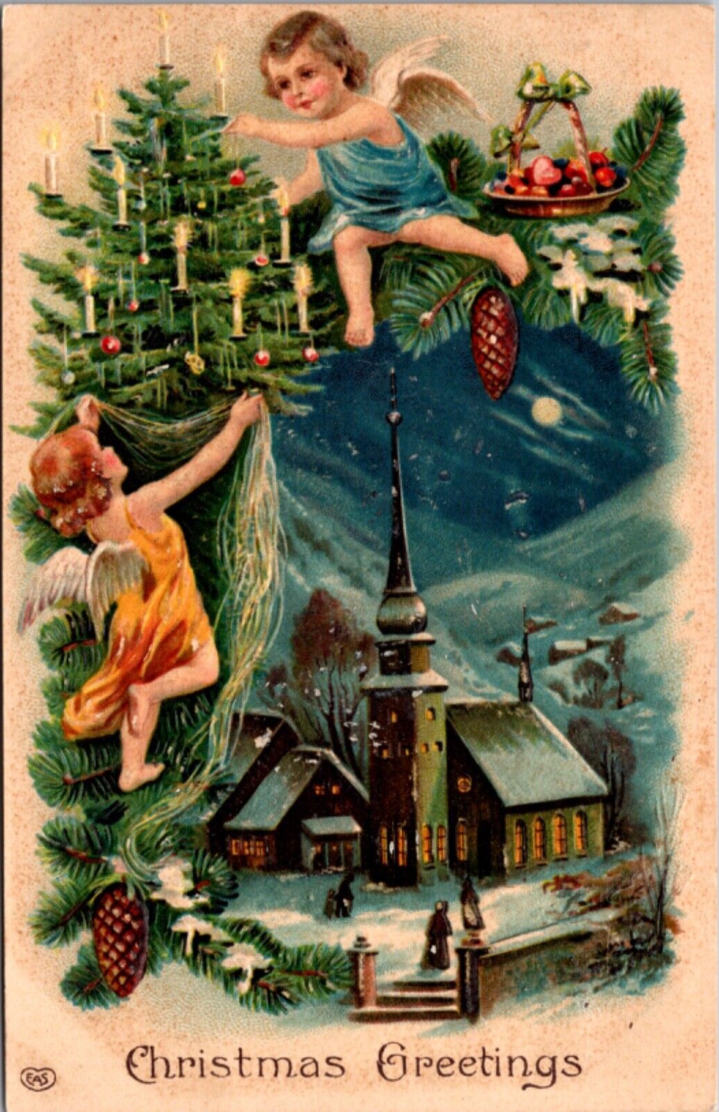 Christmas Postcard Angels Decorating Candlelit Tree Snowy Church Town Square