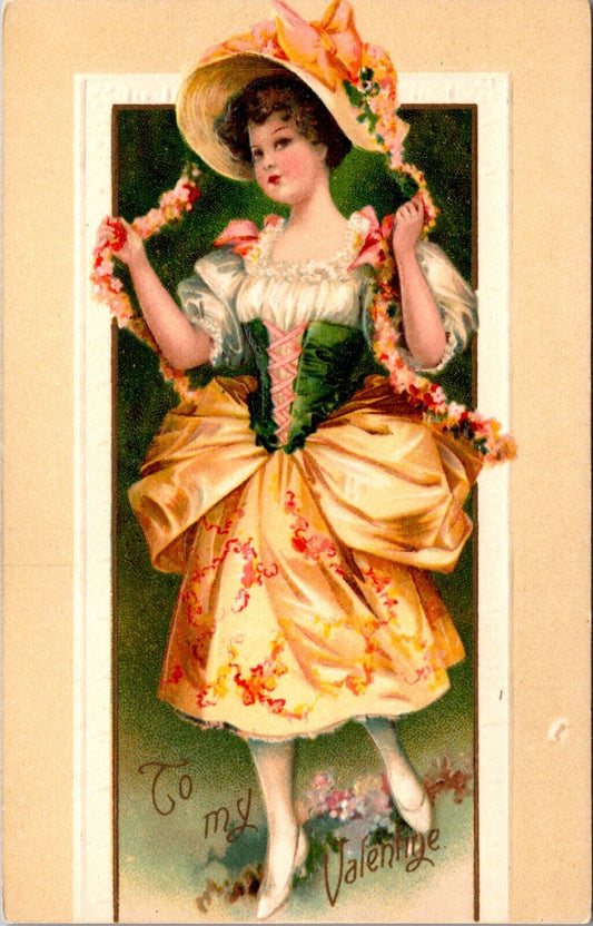 Valentine Postcard Well Dressed Young Woman Draped in Flowers