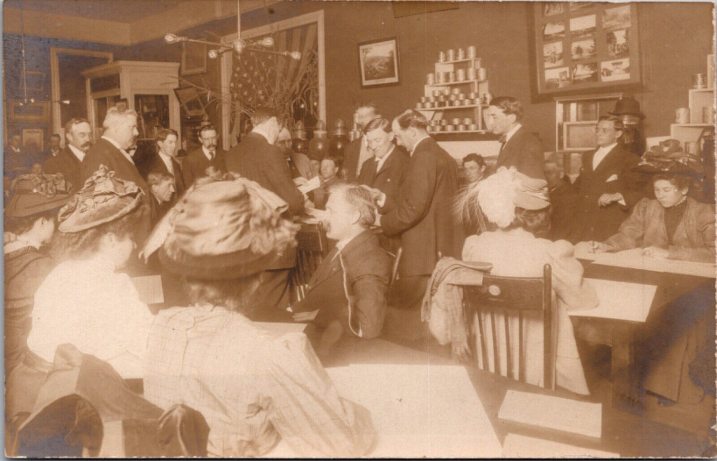 RPPC Well Dressed Men and Women Gathering Inside Social Setting American Flag