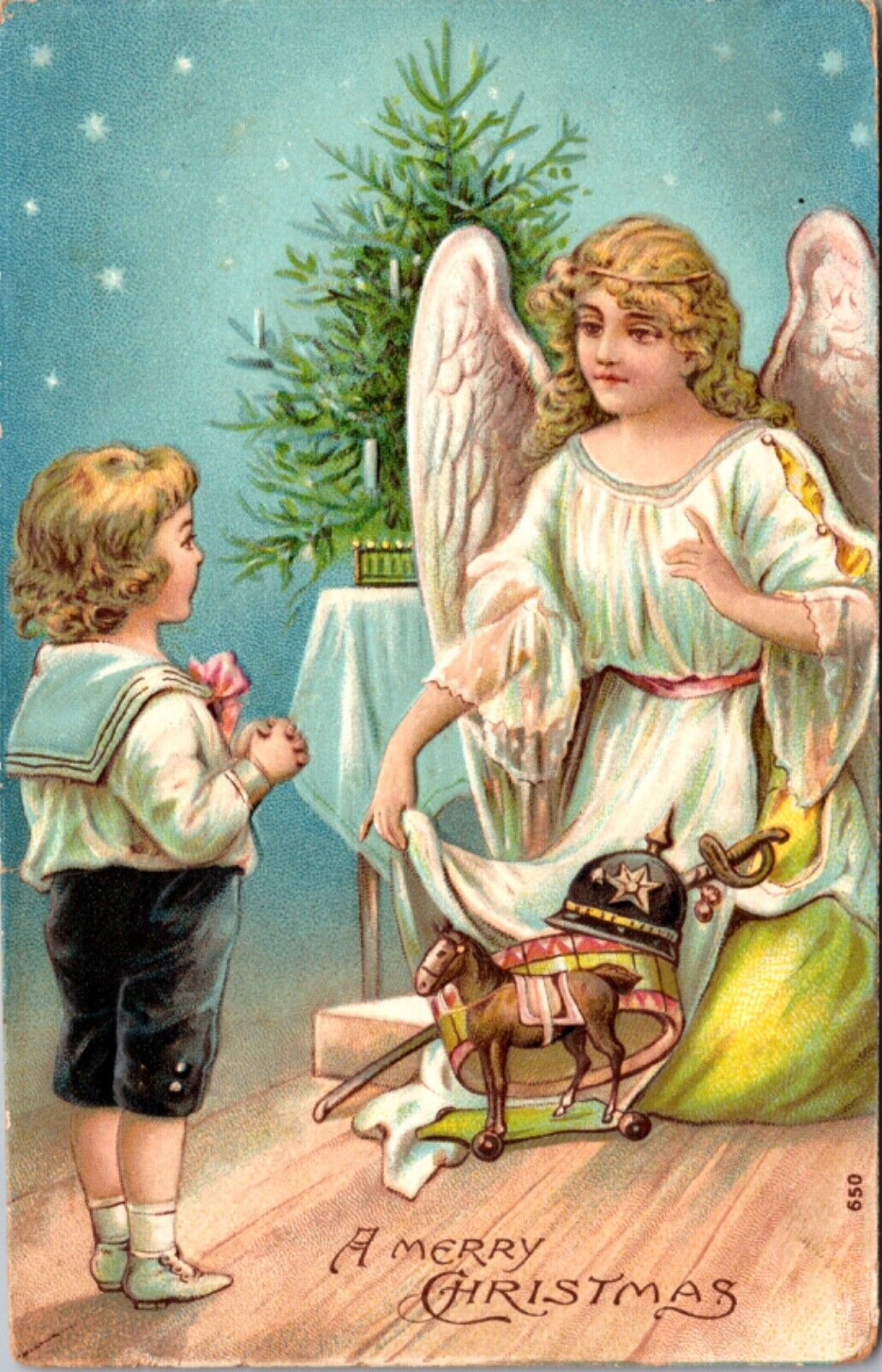 Christmas Postcard Angel Woman Bringing Drum Horse Toys Sailor Dressed Boy