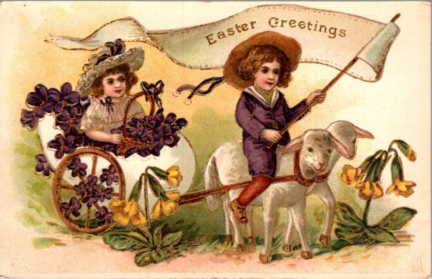 Easter Greetings PC Boy Riding Lambs Pulling Girl in Eggshell Cart of Flowers