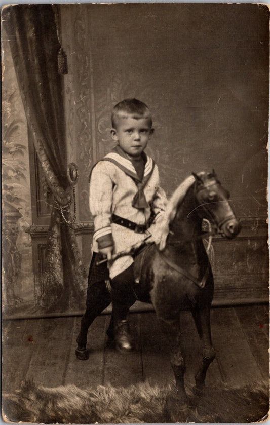 Real Photo Studio Postcard Sailor Dressed Boy on Hobby Horse Toy