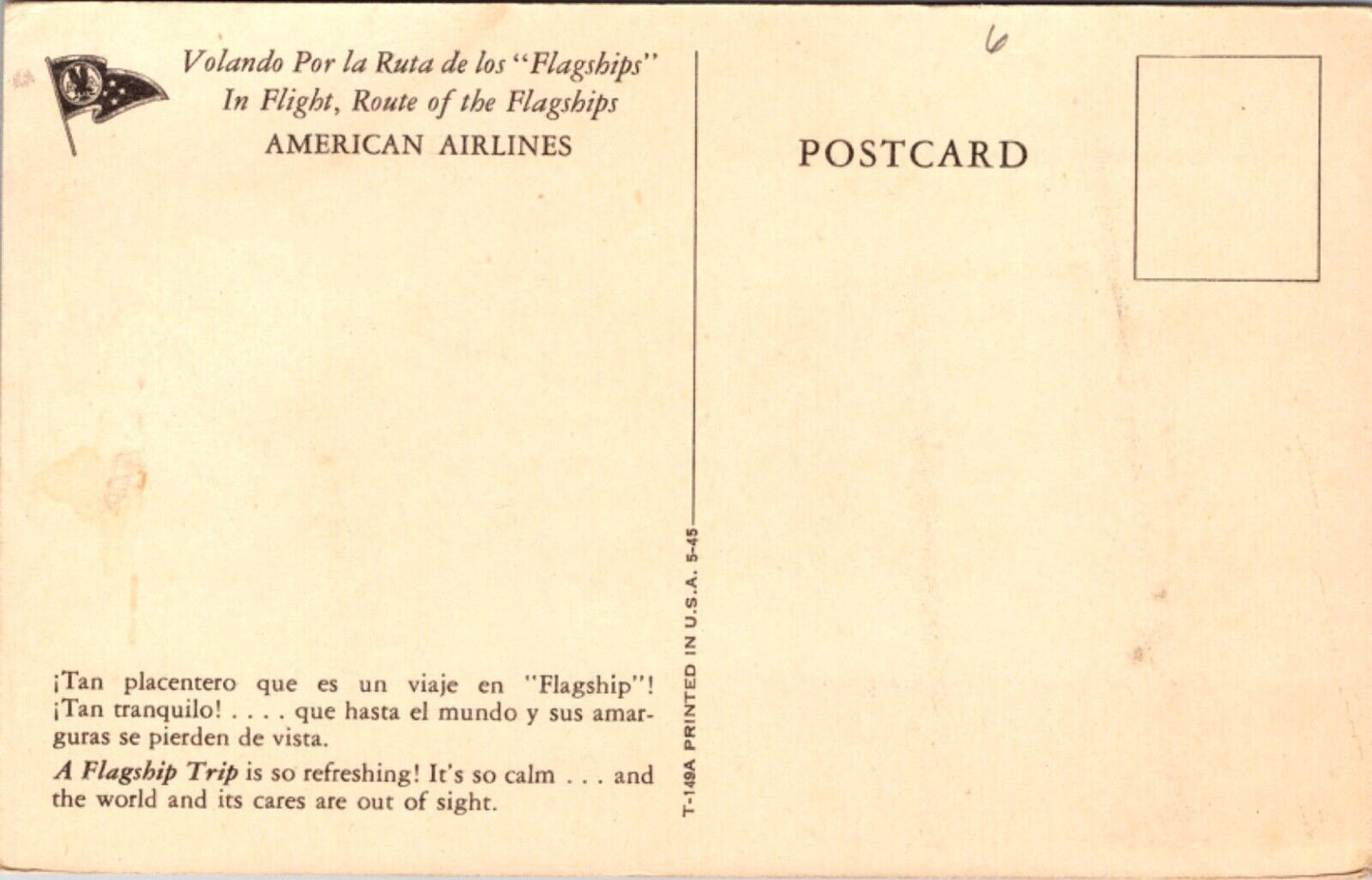 Spanish English Postcard American Airlines in Flight Route of the Flagships