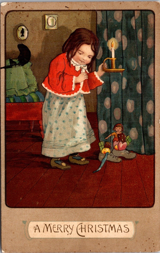 Christmas Postcard Little Girl Carrying Candlestick Through House