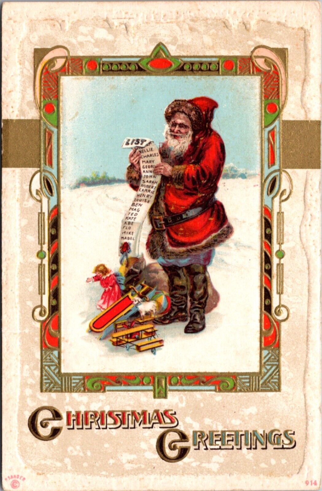 Christmas Greetings Santa Claus Reading List of Names, Toys, Snow, Purple Pants