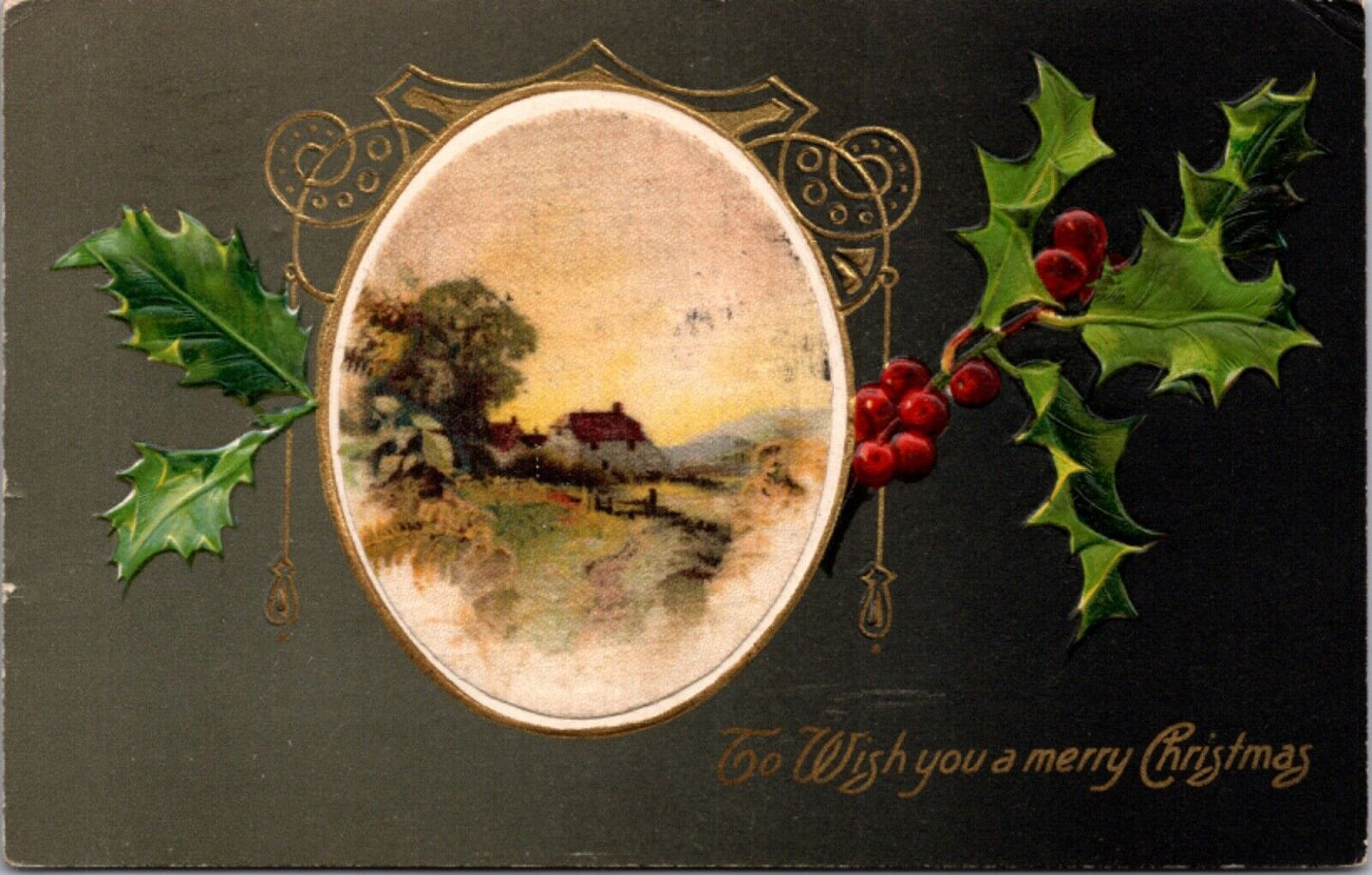 Winsch Silk Christmas Postcard Countryside Scene, Holly