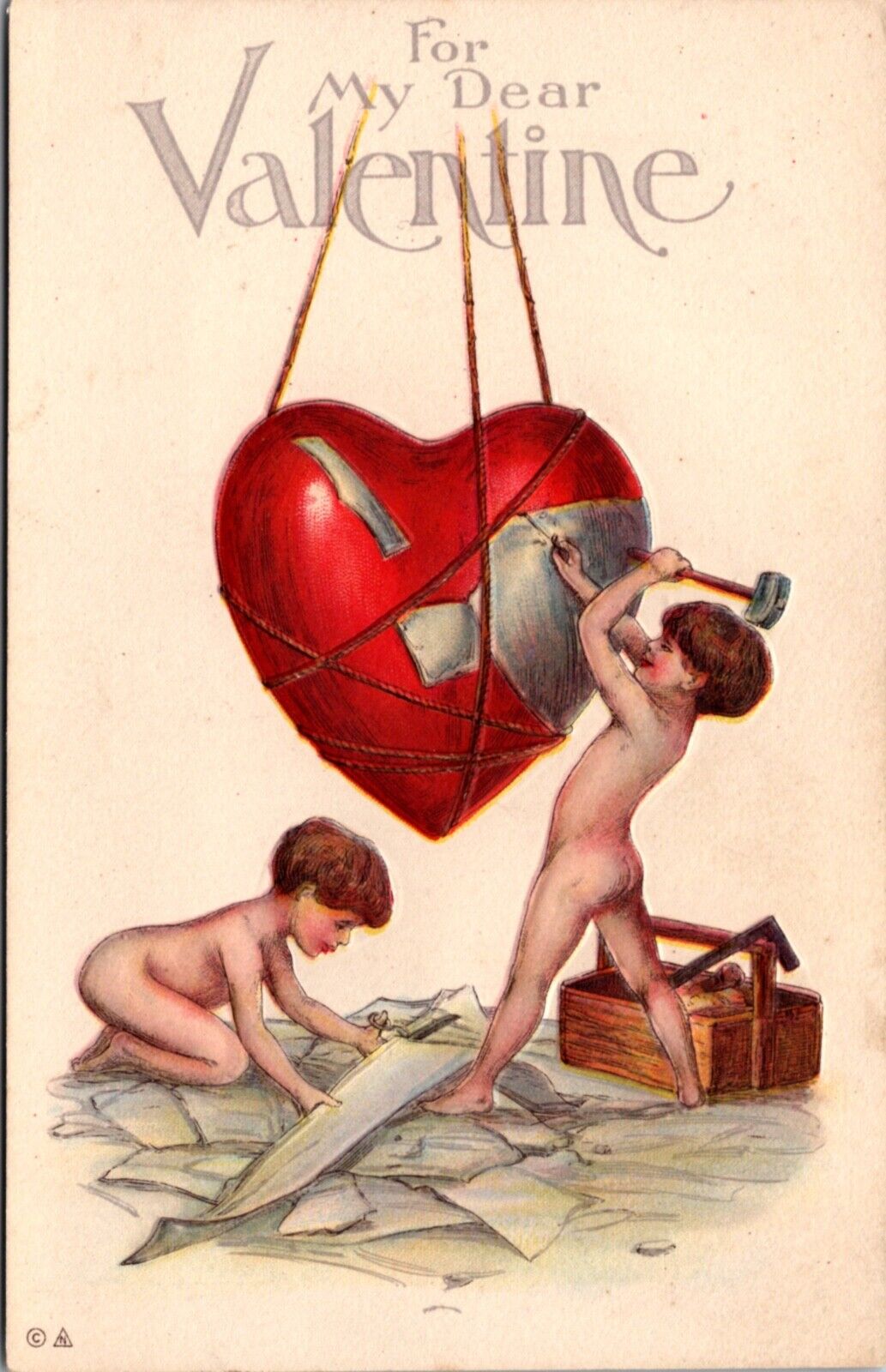 Valentine's Day Postcard Cherub Angel Boys Repairing Broken Heart Carpenter