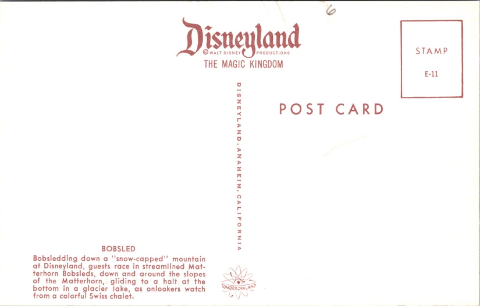 Disneyland Postcard Bobsledding Down Snow Capped Mountain Matterhorn Mountain