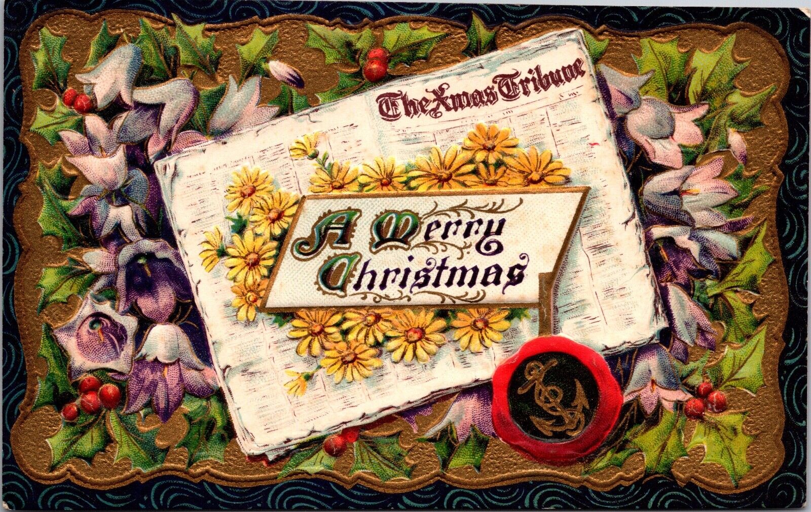 Christmas Postcard The Xmas Tribune Newspaper, Flowers, Holly