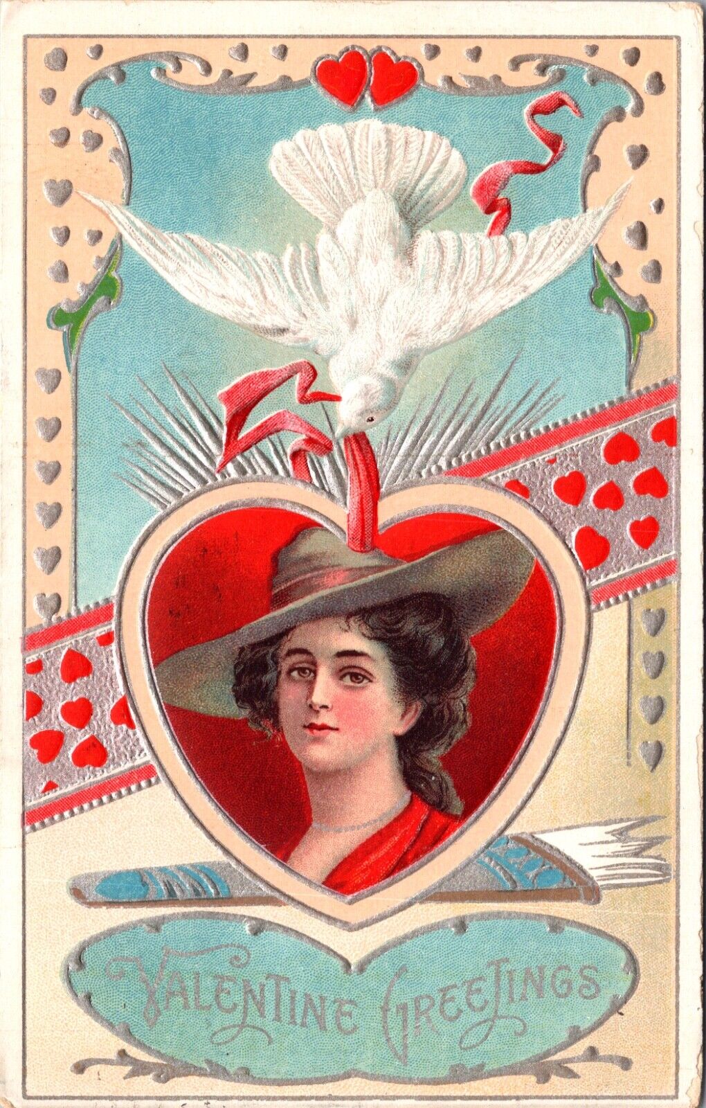 Valentine Greetings Postcard White Dove Carrying Heart with Woman's Face In It