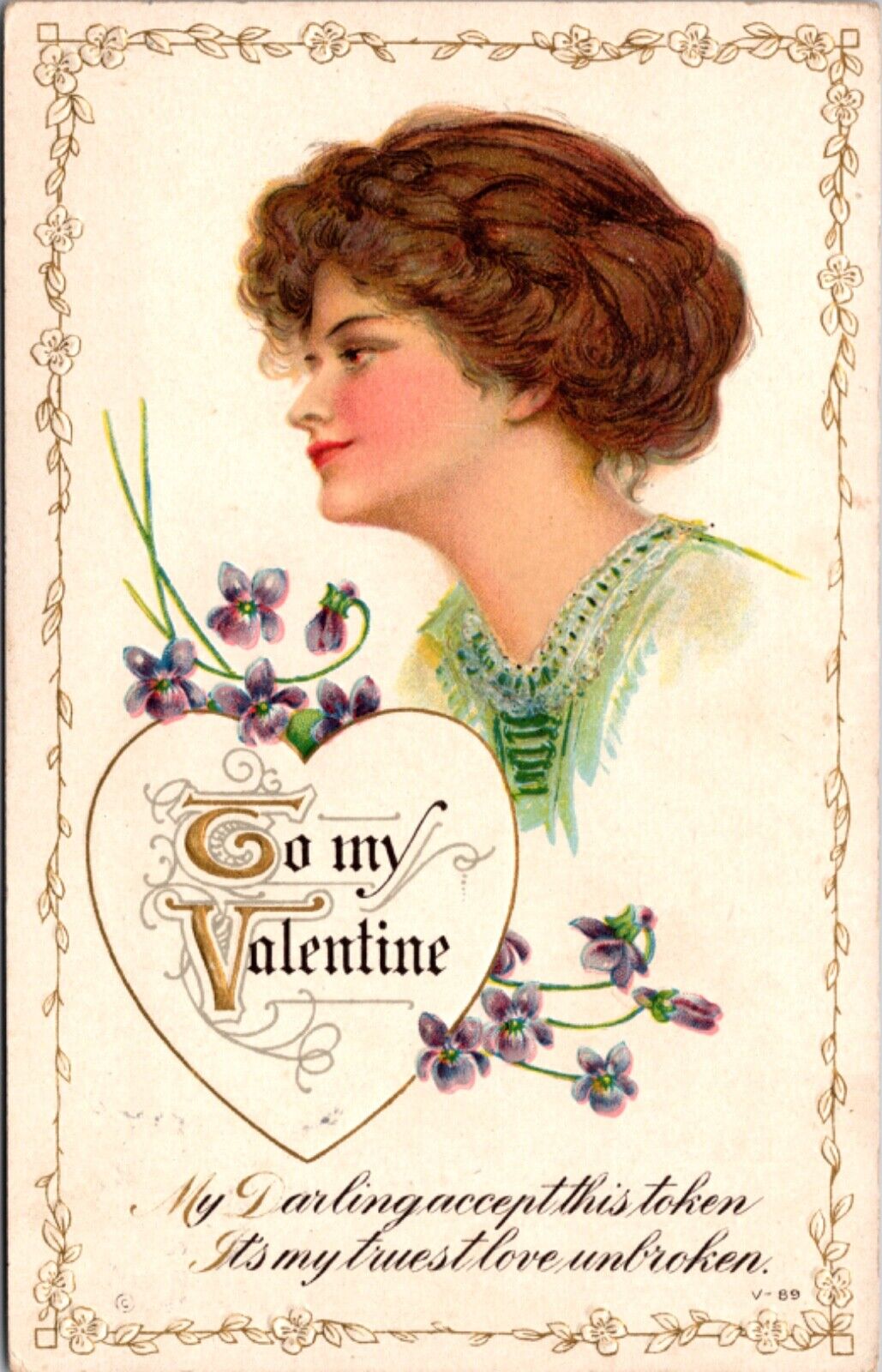 Valentine's Day Postcard Beautiful Woman Purple Hearts Token of Love Unbroken