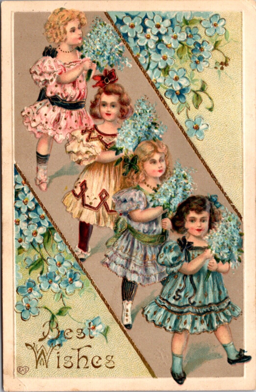 Best Wishes Postcard Four Girls Wearing Dresses Holding Forget-Me-Not Flowers