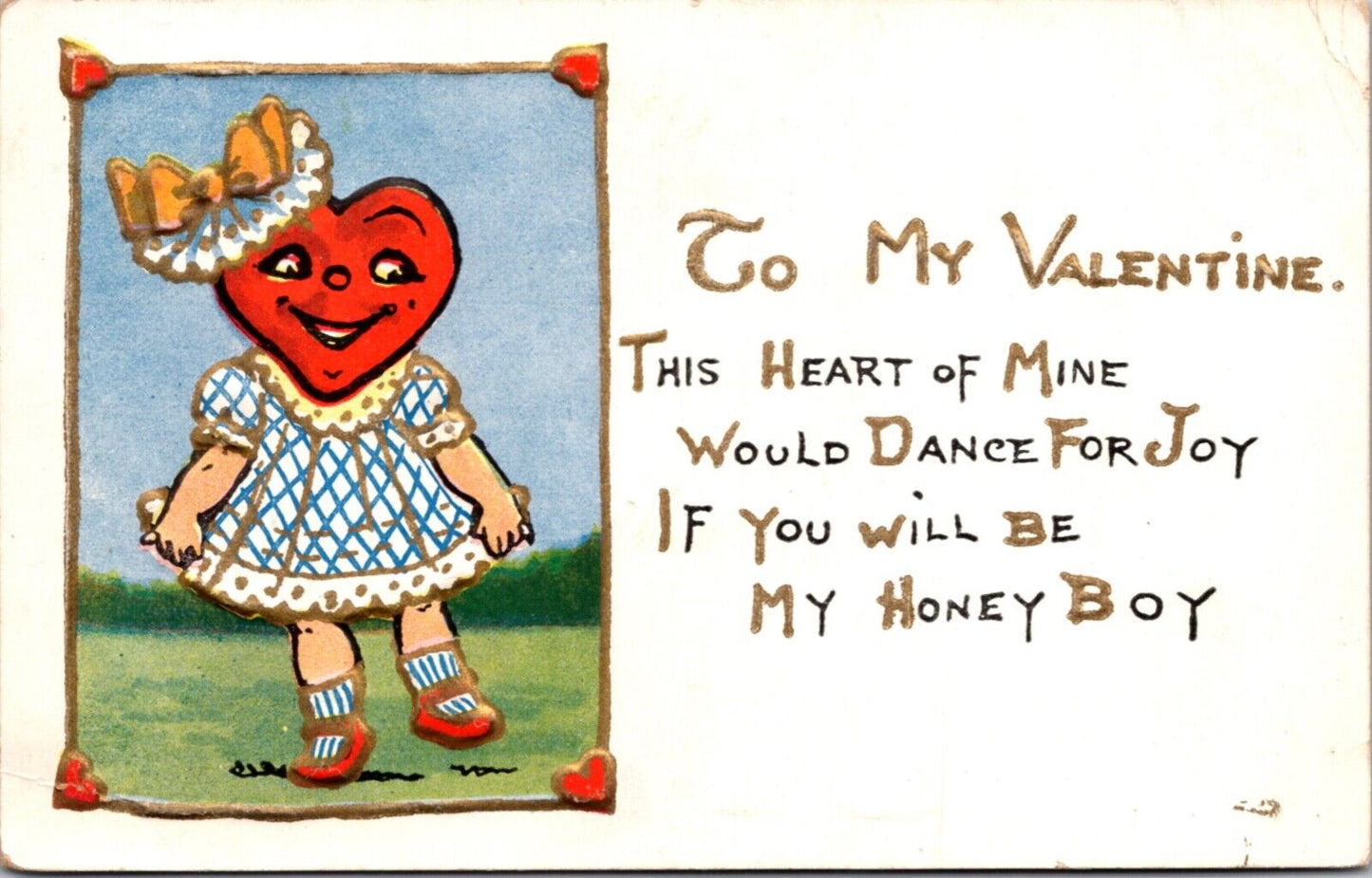 Valentine Postcard Fantasy Heart Face Headed Little Girl Dancing