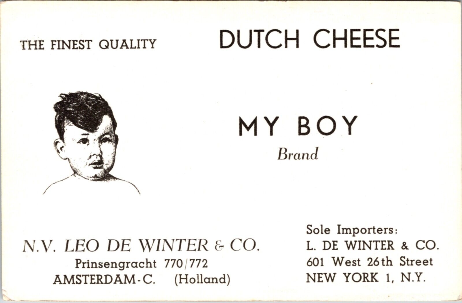 RPPC My Boy Brand Dutch Cheese Amsterdam Holland Imported L. De Winter New York