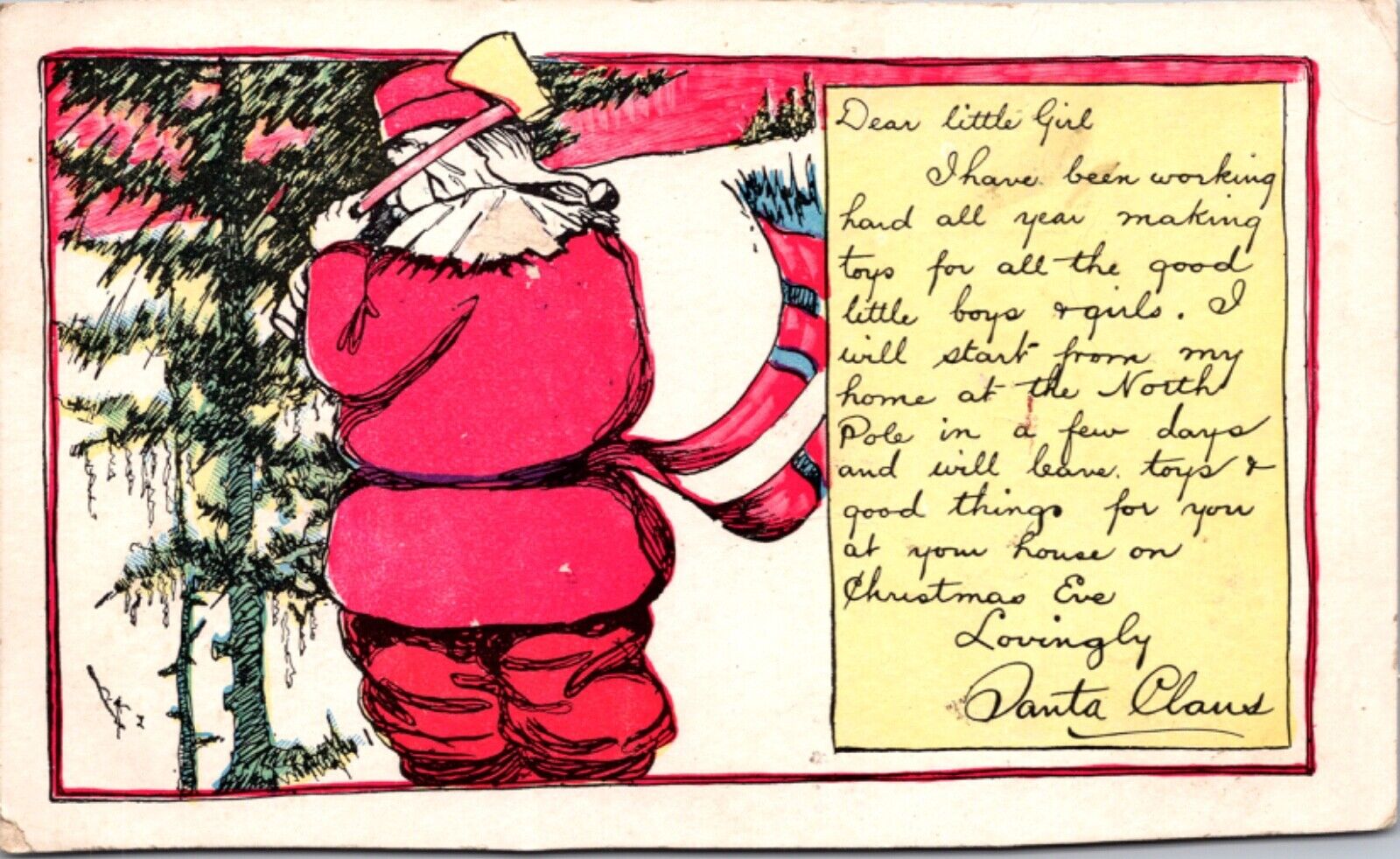 Christmas Postcard Santa Claus Chopping Down Tree with Ax Letter to Little Girl