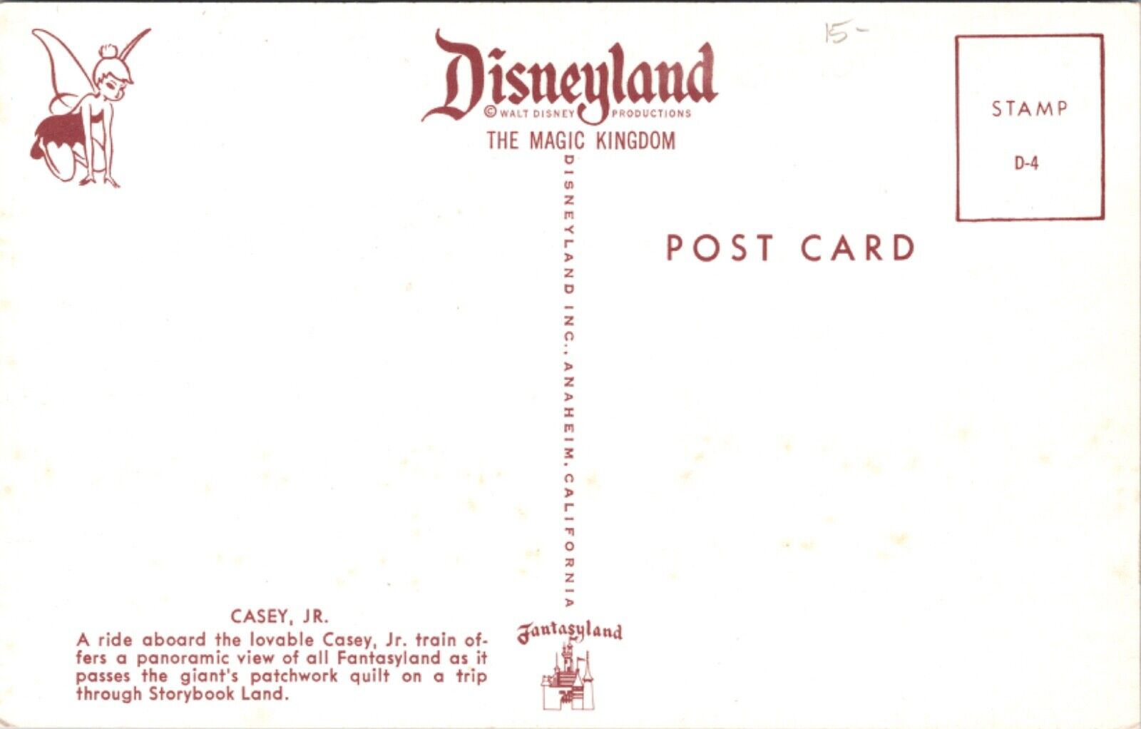 Disneyland Postcard Casey Jr Miniature Railroad Train Storybook Land Fantasyland