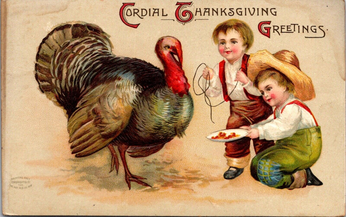 Thanksgiving Postcard Two Children Feeding a Turkey