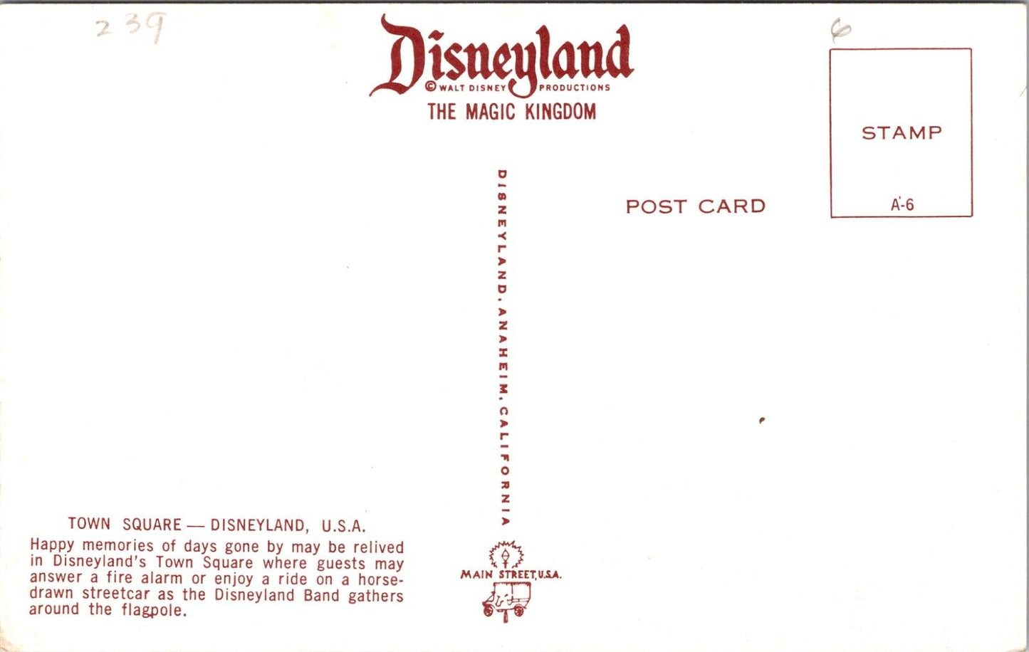 Disneyland Postcard Town Square Horse Drawn Streetcar Band Flagpole Firetruck