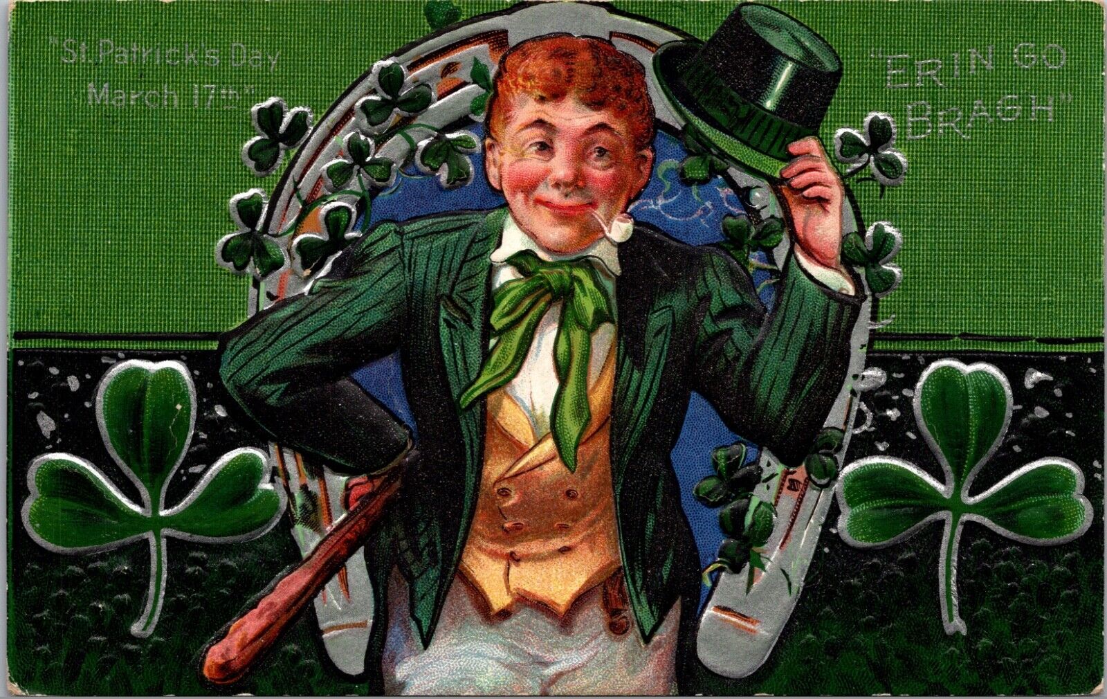 St. Patrick's Day Postcard Shamrock Erin Go Bragh March 17th Horseshoe Irish Man