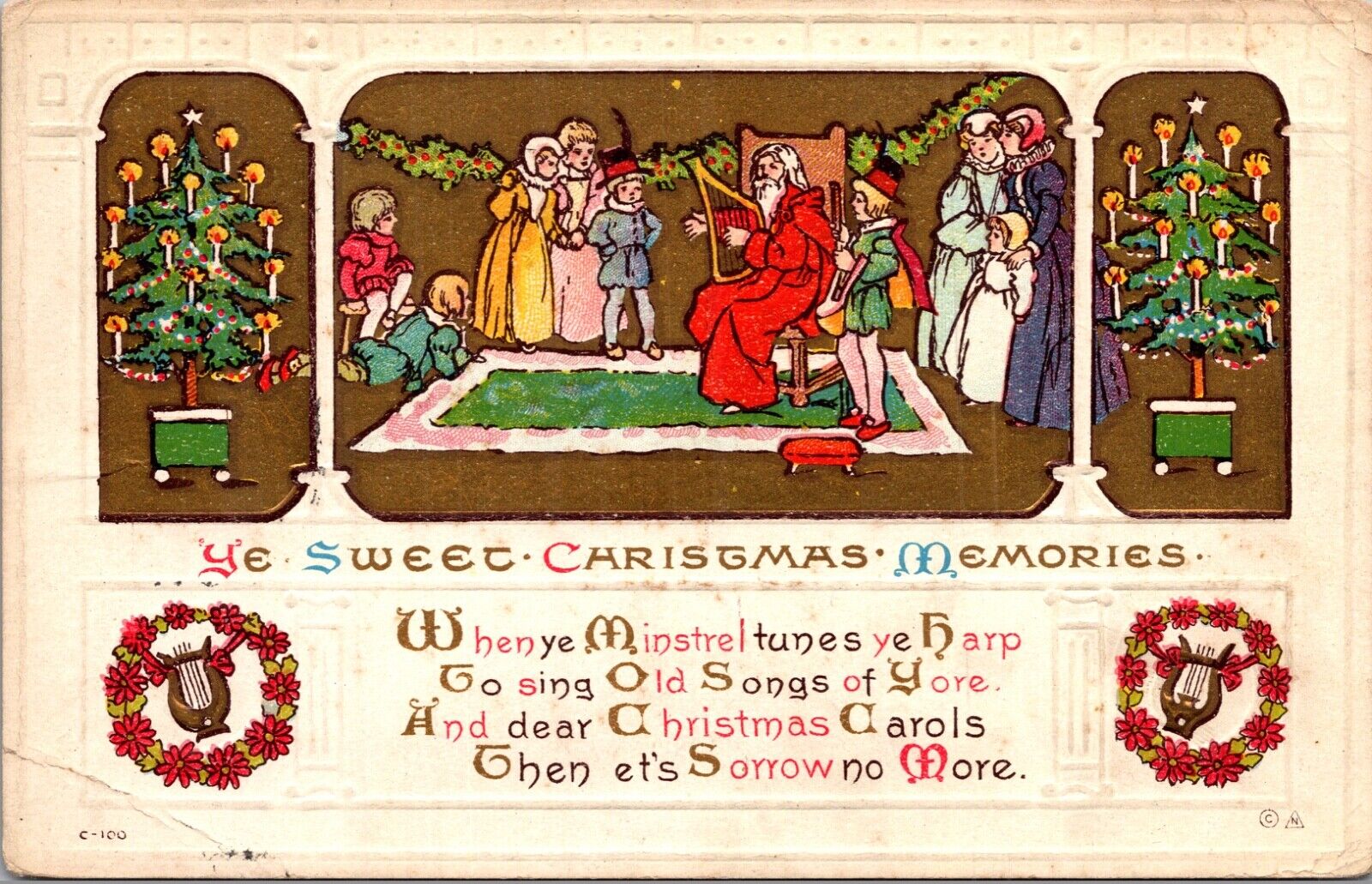 Christmas Postcard Victorian Minstrel Songs Carols Harp Sorrow No More