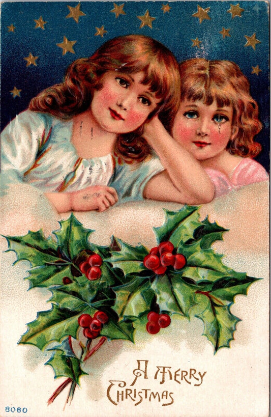 Christmas Postcard Two Girls Gold Hearts and Holly