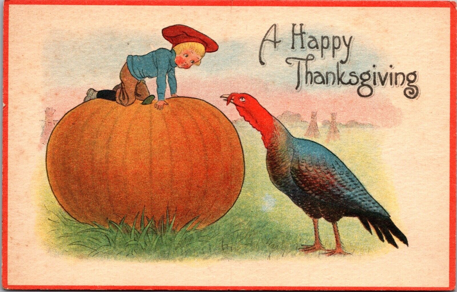 Thanksgiving Postcard Child on Top of Giant Pumpkin Out of Turkey's Reach