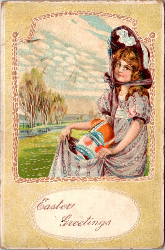 Easter Greetings Postcard Young Girl Using Dress to Hold Decorated Eggs