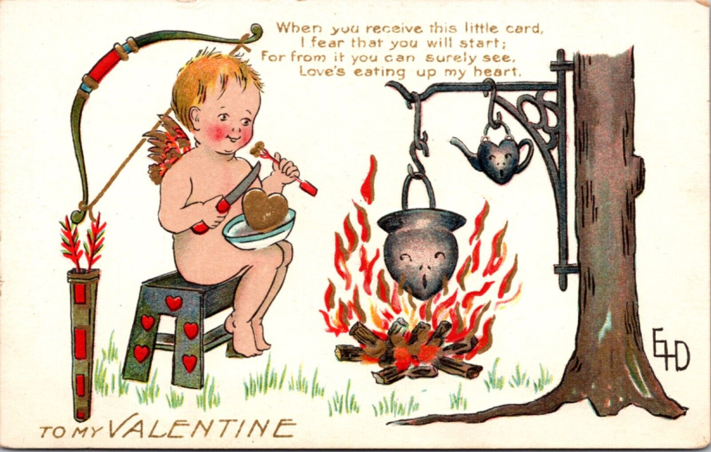 Valentine's Day Cherub Cooking and Eating Gold Heart Cauldron Bow Arrow Kettle