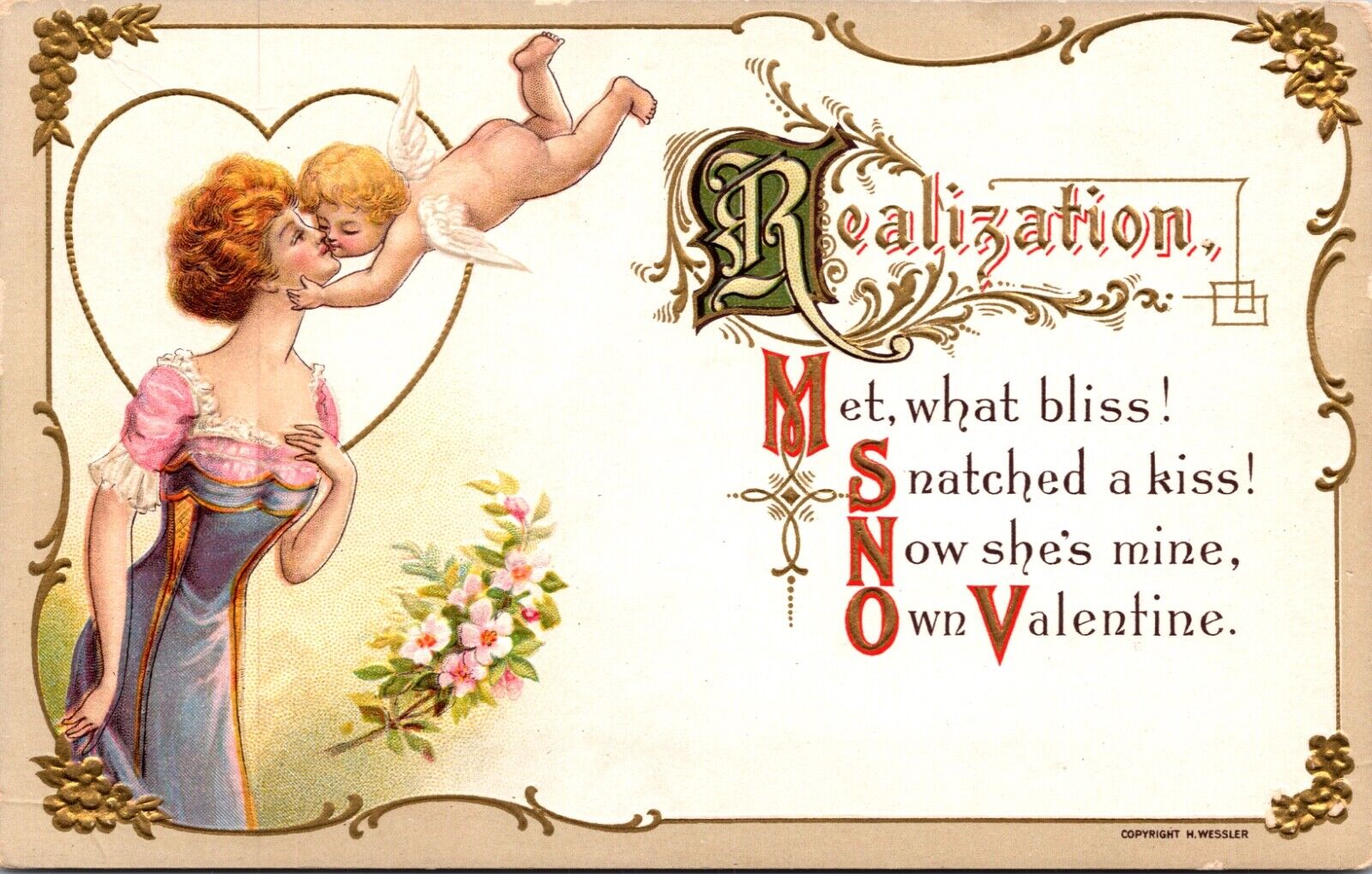 Valentine Postcard Realization Cherub Cupid Kissing a Woman Poem