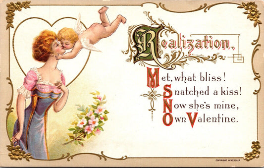 Valentine Postcard Realization Cherub Cupid Kissing a Woman Poem