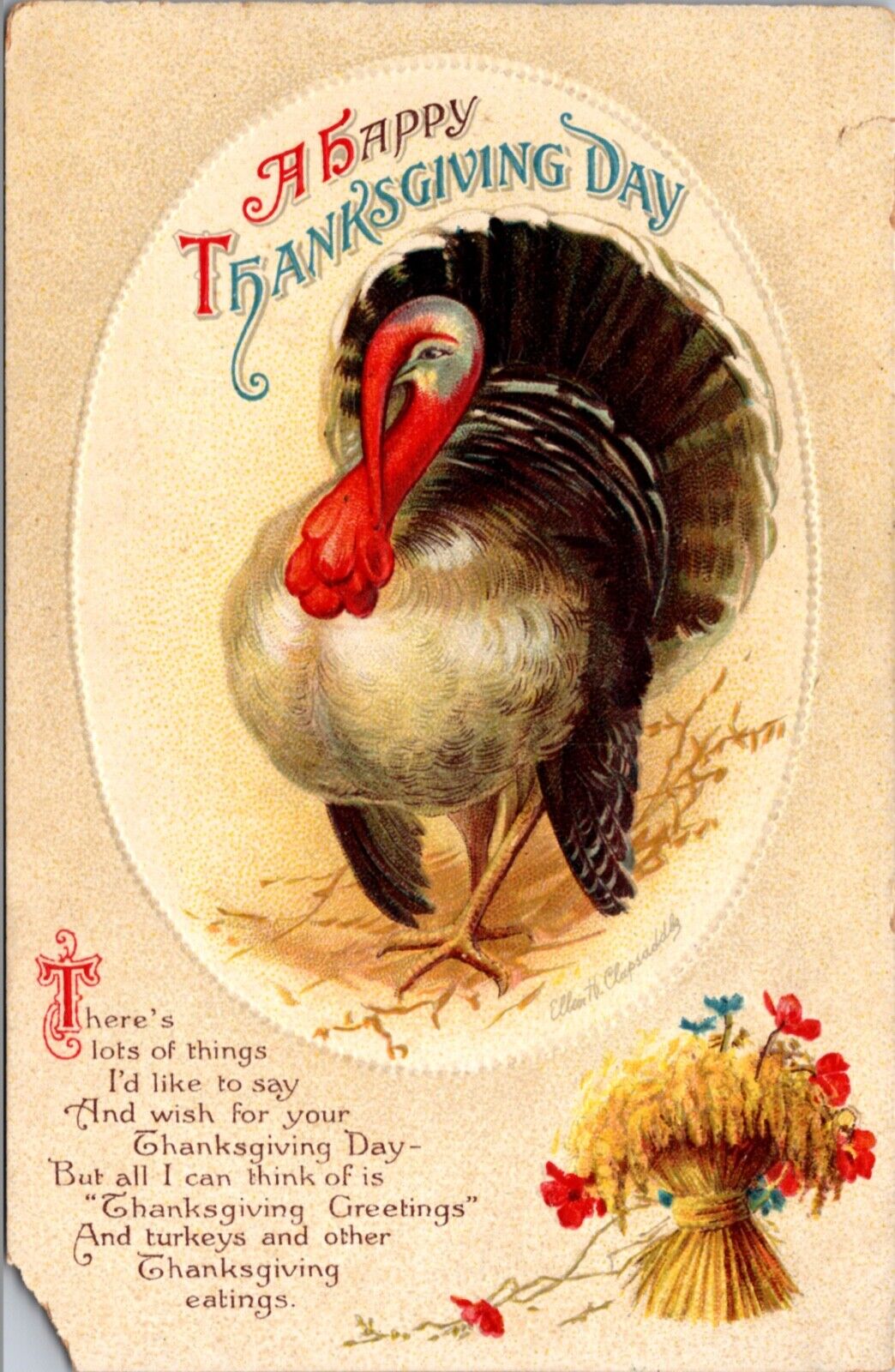 Clapsaddle Thanksgiving Day Postcard Portrait of a Turkey