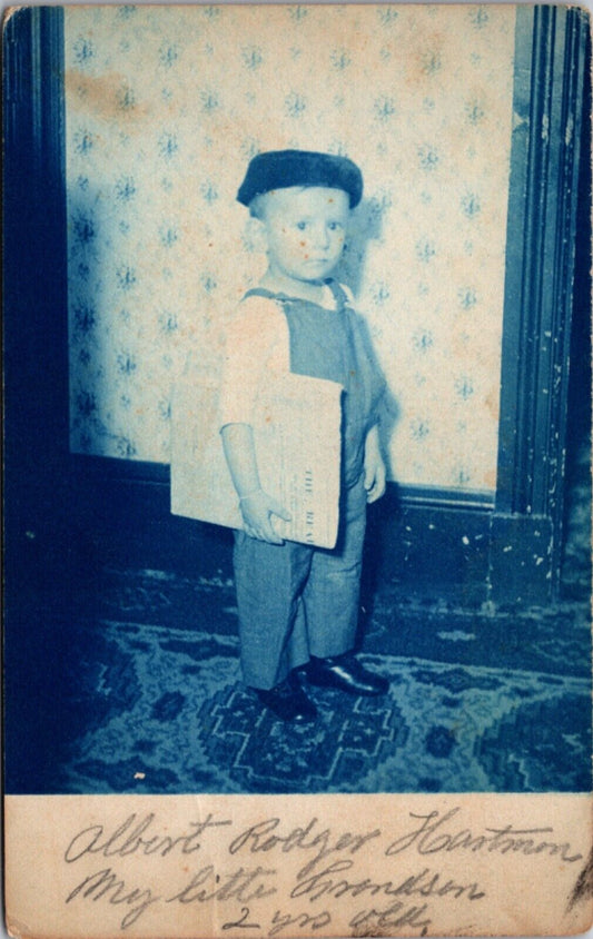 Cyanotype Real Photo Postcard Little Boy Holding Newspaper Albert Rodger Hartman