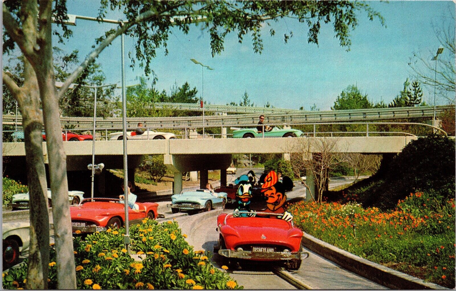 Disneyland Postcard Tomorrowland Autopia Mickey Mouse and Donald Duck Driving