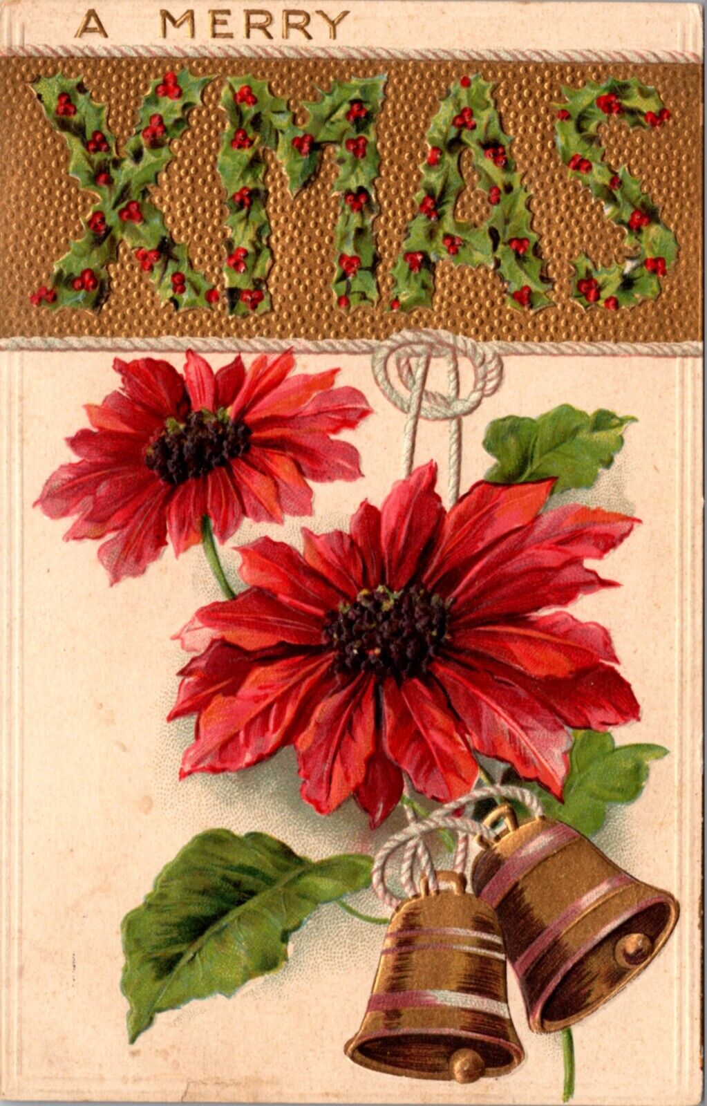 Christmas Postcard Poinsettia Bells A Merry Xmas