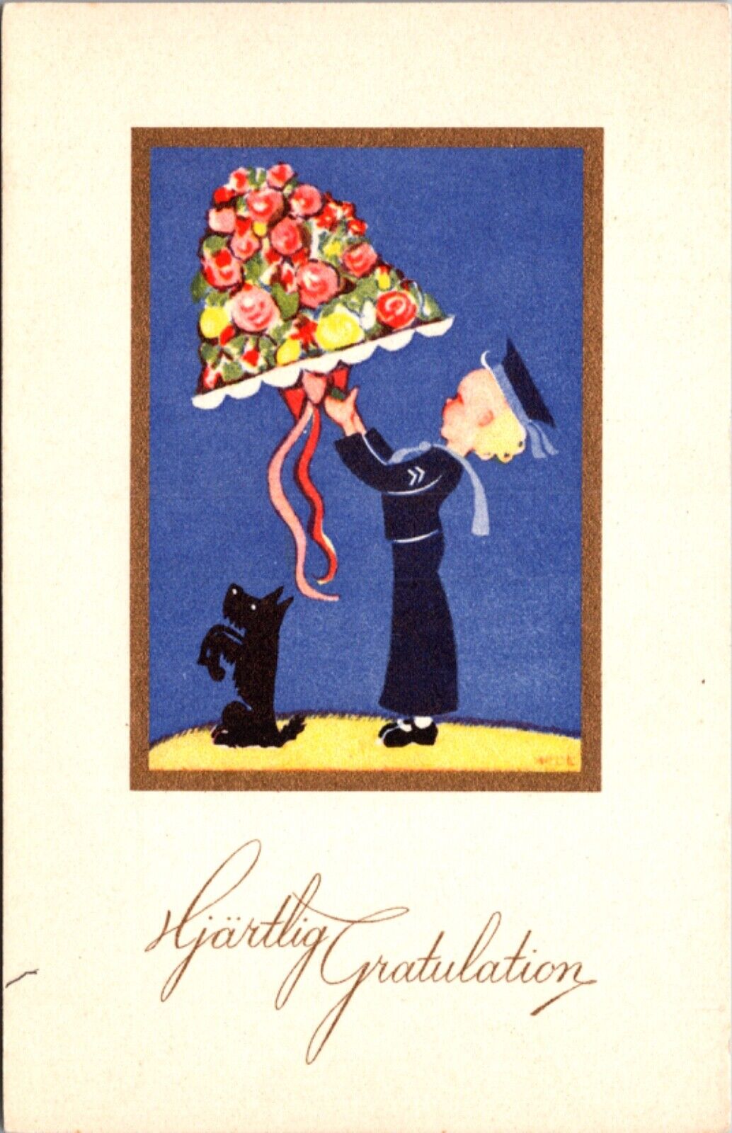 Swedish Postcard Heartfelt Congratulations Sailor Dressed Boy Bouquet of Flowers