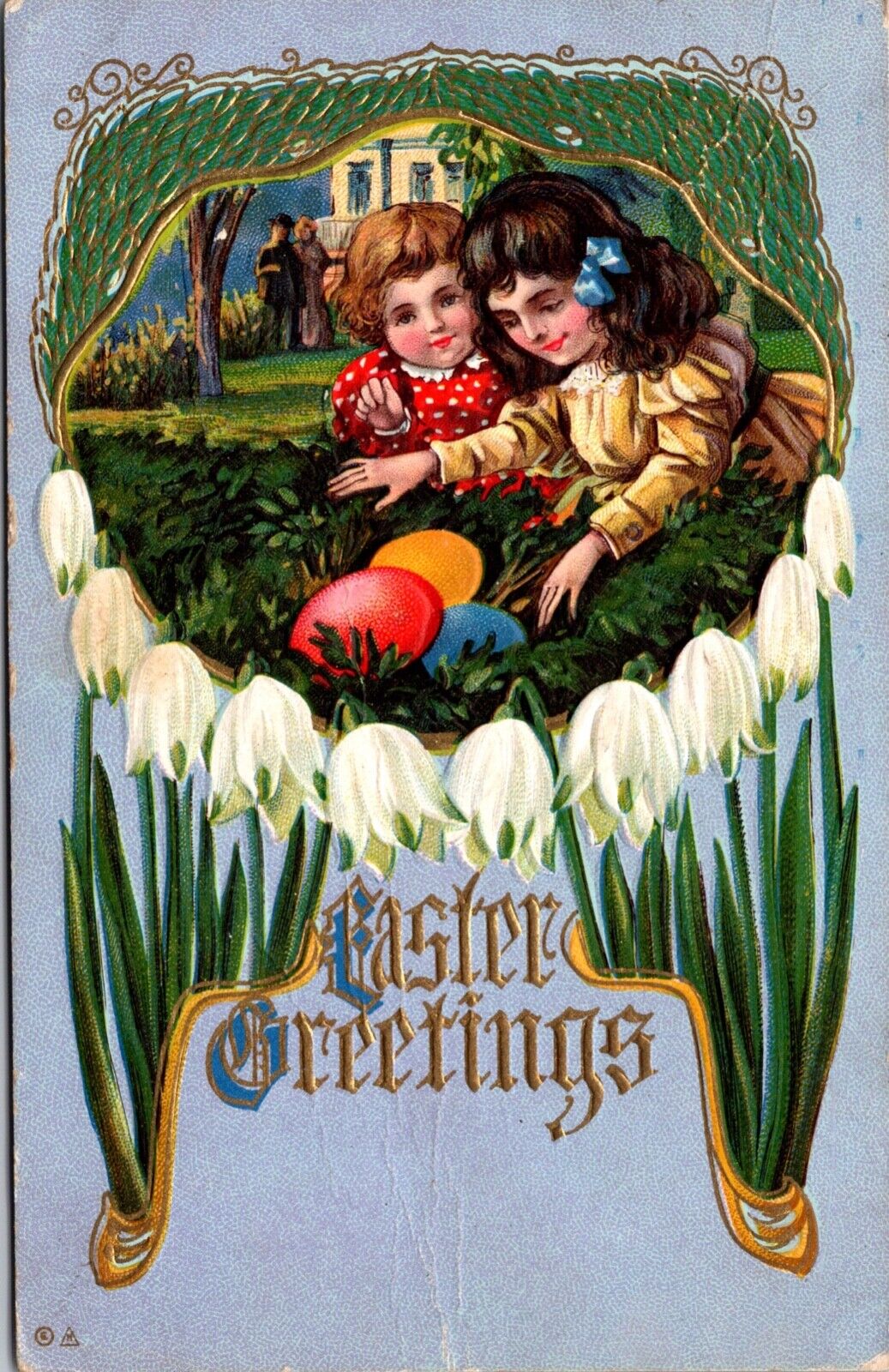 Easter Postcard Two Little Girls Hunting For Colored Eggs Garden Flowers