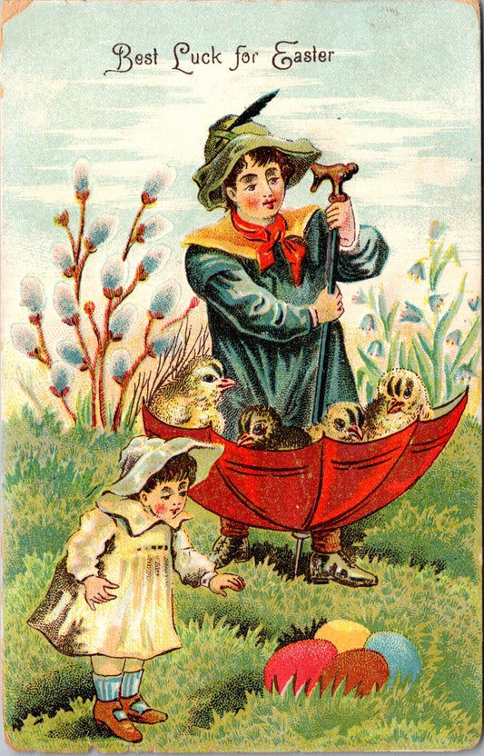 Best Luck for Easter Boy Chicks Upside Down Umbrella Pussy Willow Colored Eggs