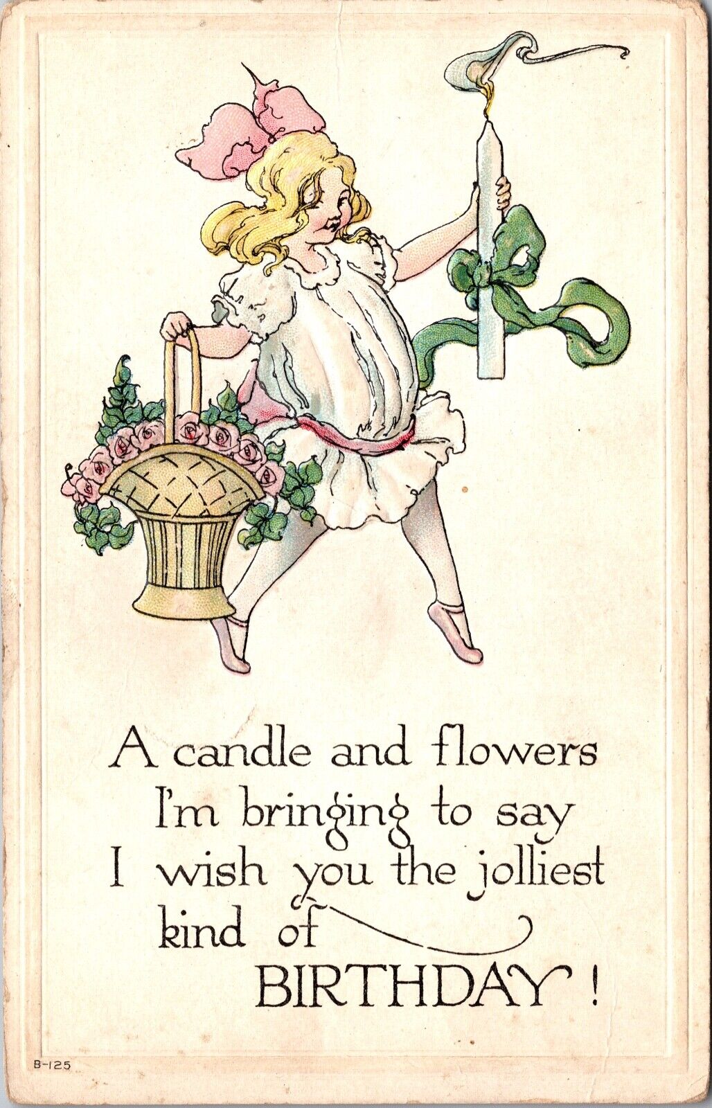 Birthday Postcard Young Girl Holding Basket of Pink Roses and Giant Candle