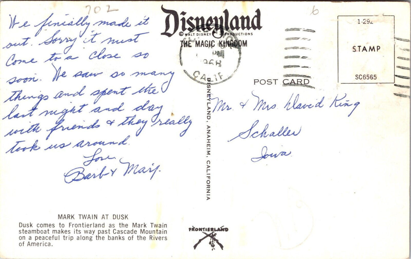 Disneyland Postcard Mark Twain Steamboat at Dusk Rivers of America Frontierland